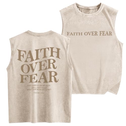 Mens Christian Sleeveless Shirts Faith Over Fear Graphic Tank Tops Gym Workout Acid Wash Tanks Cut Off Muscle Shirt