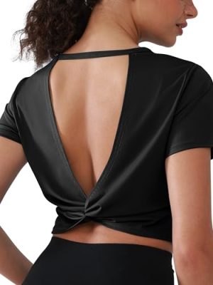 Open Back Workout Tops for Women Crop Yoga Shirts Lightweight Twist Back Athletic Running Gym Tops