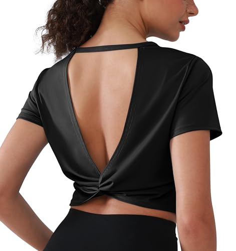 Open Back Workout Tops for Women Crop Yoga Shirts Lightweight Twist Back Athletic Running Gym Tops