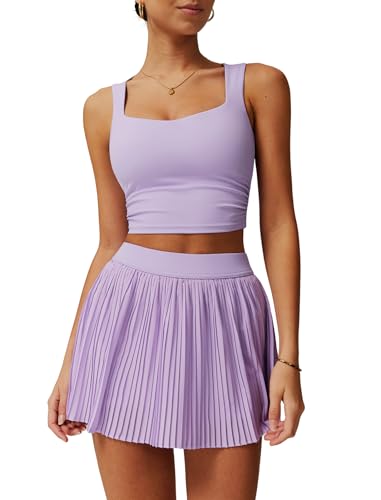 Women 2 Piece Tennis Dress Square Neck Tank Top with High Waisted Pleated Workout Skorts Skirt Set Yoga Golf Outfits