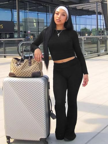 Women's Workout 2 Piece Lounge Sets Long Sleeve Tops Foldover Flare Pants Casual Outfits Tracksuit
