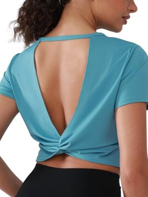 Open Back Workout Tops for Women Crop Yoga Shirts Lightweight Twist Back Athletic Running Gym Tops Blue