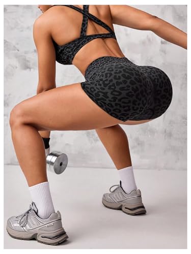 Women's Leopard Workout Set 2 Piece Twist Front Cross Back Sports Bra Biker Shorts Set