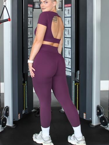 Womens Seamless Workout Sets 2 Piece Open Back Crop Tops High Waist Leggings Yoga Outfits Gym Clothes Sets (L085 Purple M)
