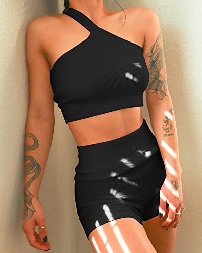 Womens 3 Piece Workout Sets - Seamless Ribbed Yoga Outfits Sports Bra One Shoulder Top Biker Shorts Gym Athletic Cloth