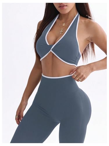 Women's 2 Piece Workout Set Twist Front Halter Yoga Crop Top High Waist Leggings Outfits