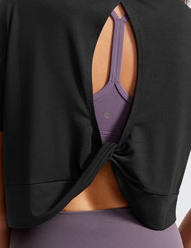 Open Back Short Sleeve Crop Top for Women Loose Athletic Yoga Workout Shirts Casual Cropped T-Shirts