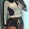 Womens Spring 2 Piece Workout Sets Long Sleeve Zip up Jacket Crop Tops High Waist Biker Shorts Gym Yoga Outfits