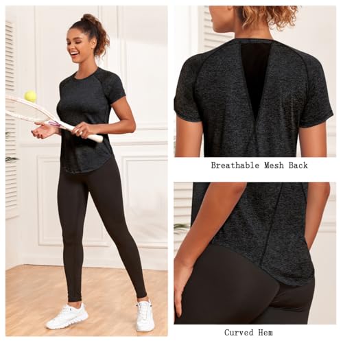 Women's Long Workout Tops,Short Sleeve Dry-Fit Mesh Open Back Loose Fit Gym Athletic Running Shirts Exercise Tee