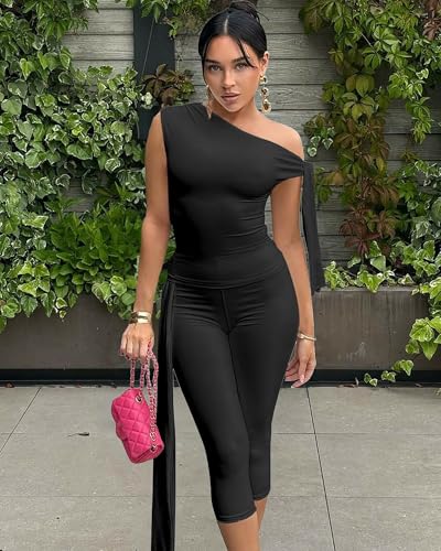 Two Piece Sets for Women Sleeveless Off the Shoulder Tops High Waist Bodycon Capri Pants Summer Outfits Clubwear