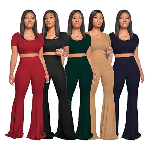 2 Piece Outfits for Women Workout Sets - Sexy Crop Top + High Waisted Flared Long Pant Sets Track Suits Yoga Sports