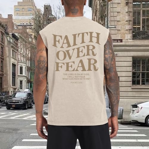 Mens Christian Sleeveless Shirts Faith Over Fear Graphic Tank Tops Gym Workout Acid Wash Tanks Cut Off Muscle Shirt
