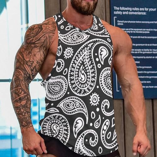 Black White Bandana Paisley Men's Muscle Shirts Sleeveless Tank Top Gym Workout Tee Bodybuilding