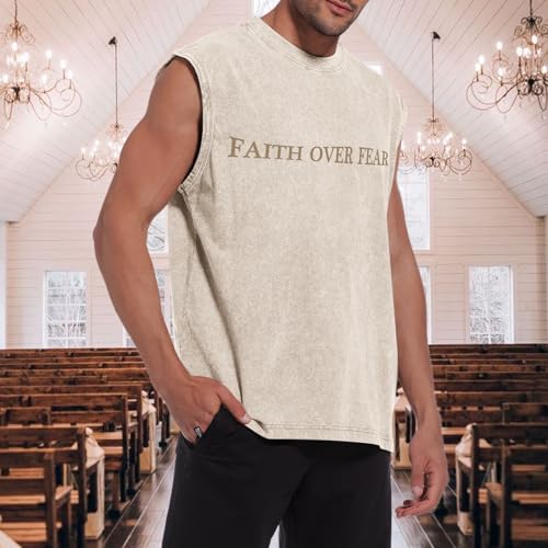 Mens Christian Sleeveless Shirts Faith Over Fear Graphic Tank Tops Gym Workout Acid Wash Tanks Cut Off Muscle Shirt