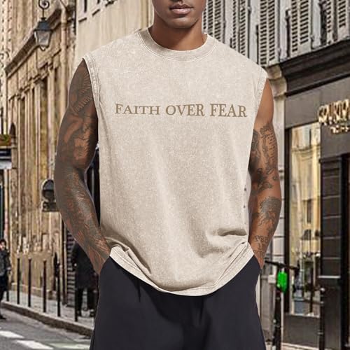Mens Christian Sleeveless Shirts Faith Over Fear Graphic Tank Tops Gym Workout Acid Wash Tanks Cut Off Muscle Shirt