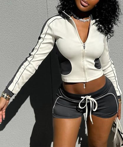 Womens Spring 2 Piece Workout Sets Long Sleeve Zip up Jacket Crop Tops High Waist Biker Shorts Gym Yoga Outfits